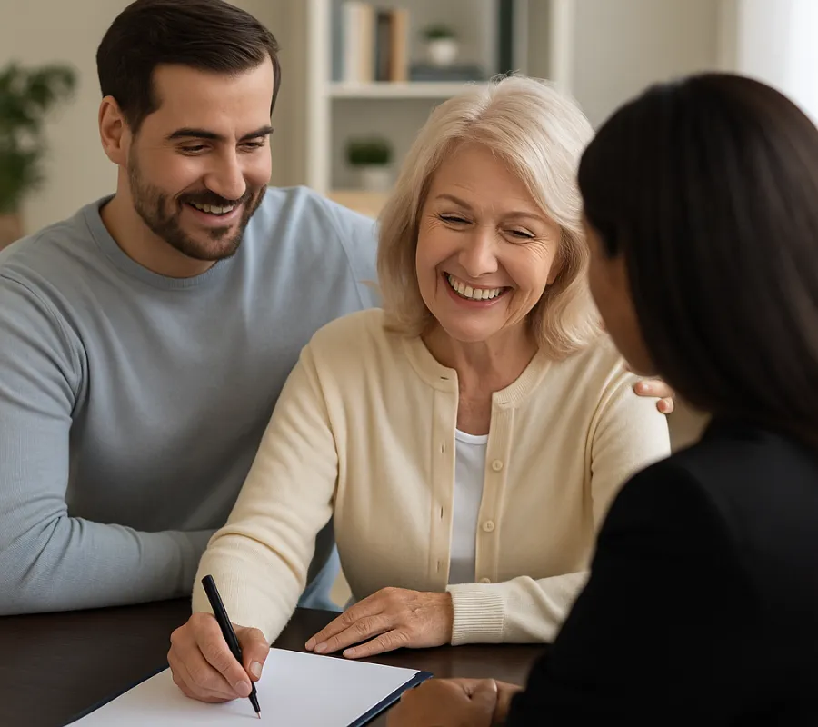 Senior woman sitting with her adult son, receiving compassionate legal guidance from an elder law attorney across the desk during a Medicaid planning consultation.