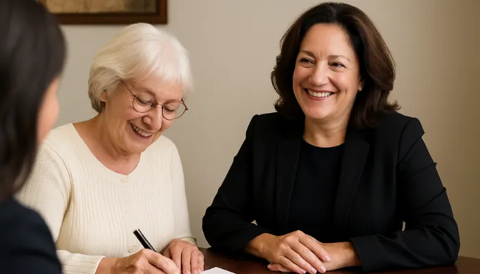 Elderly woman during a Medicaid planning consultation with Amy in a professional office setting.