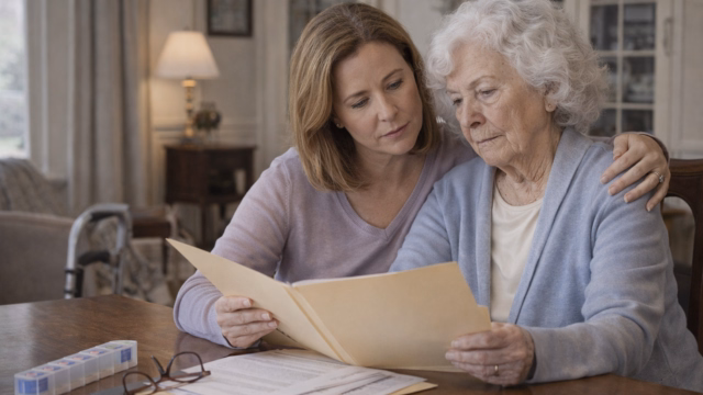 Adult daughter helping her elderly mother review care documents after a health change while planning Florida Medicaid support