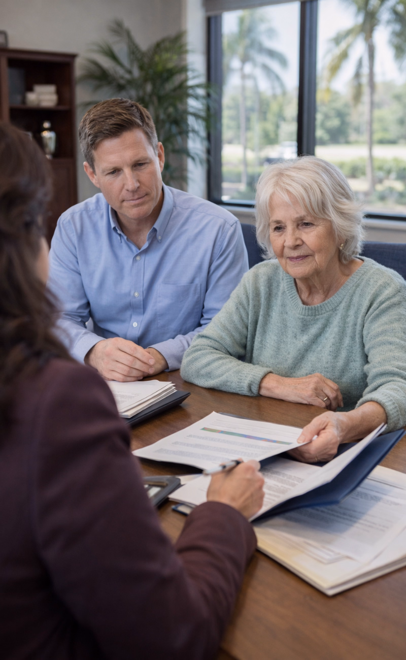 Florida elder law attorney meeting with an adult son and his elderly mother about Medicaid planning and long-term care options
