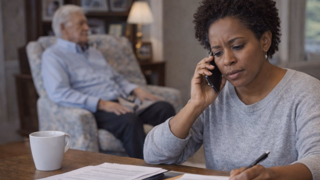 Maine adult daughter on the phone reviewing Florida Medicaid planning documents while helping her elderly father from a distance