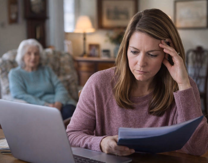 Maine adult daughter reviewing Florida Medicaid planning paperwork while helping her elderly parent from a distance