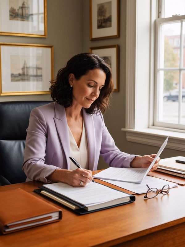 Side-angle portrait of an elder law attorney reviewing Florida trust and estate planning documents in a Portland office