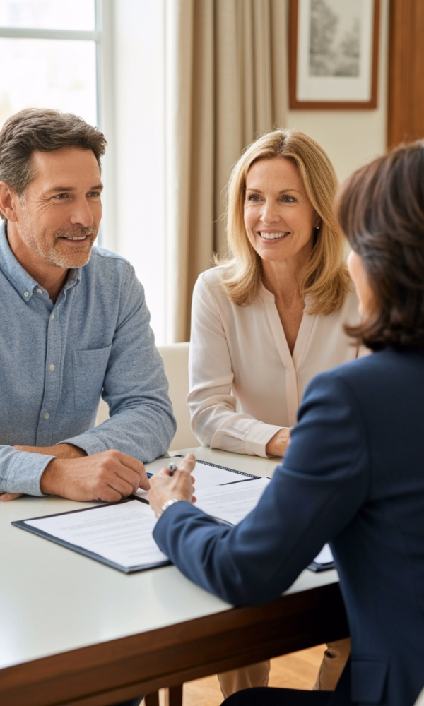 Mature couple meeting with an attorney to review trust and estate planning before moving to Florida